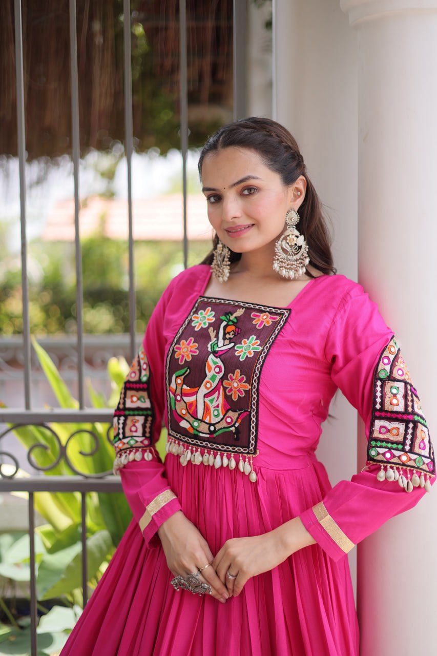 Navratri Rani Pink Heavy 14 Kg Rayon Flared Anarkali Gown with Kutchi Gamthi Thread Work & Metallic Tiered Ruffle Border