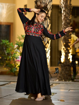 Black Rayon Designer Embroidered Gown for Garba Night and Navratri Celebrations by The Beauty Queen Surat