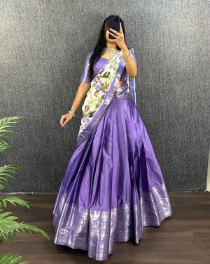 Lavender Purple Aura Silk Half Saree with White Floral Kalamkari Print Narayanpet Patta and Silver Zari Border by The Beauty Queen Surat