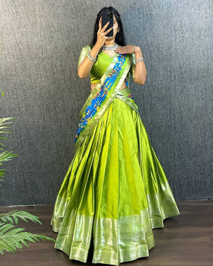 Parrot Green Aura Silk Half Saree with Blue Kalamkari Print Narayanpet Patta and Silver Zari Border by The Beauty Queen Surat