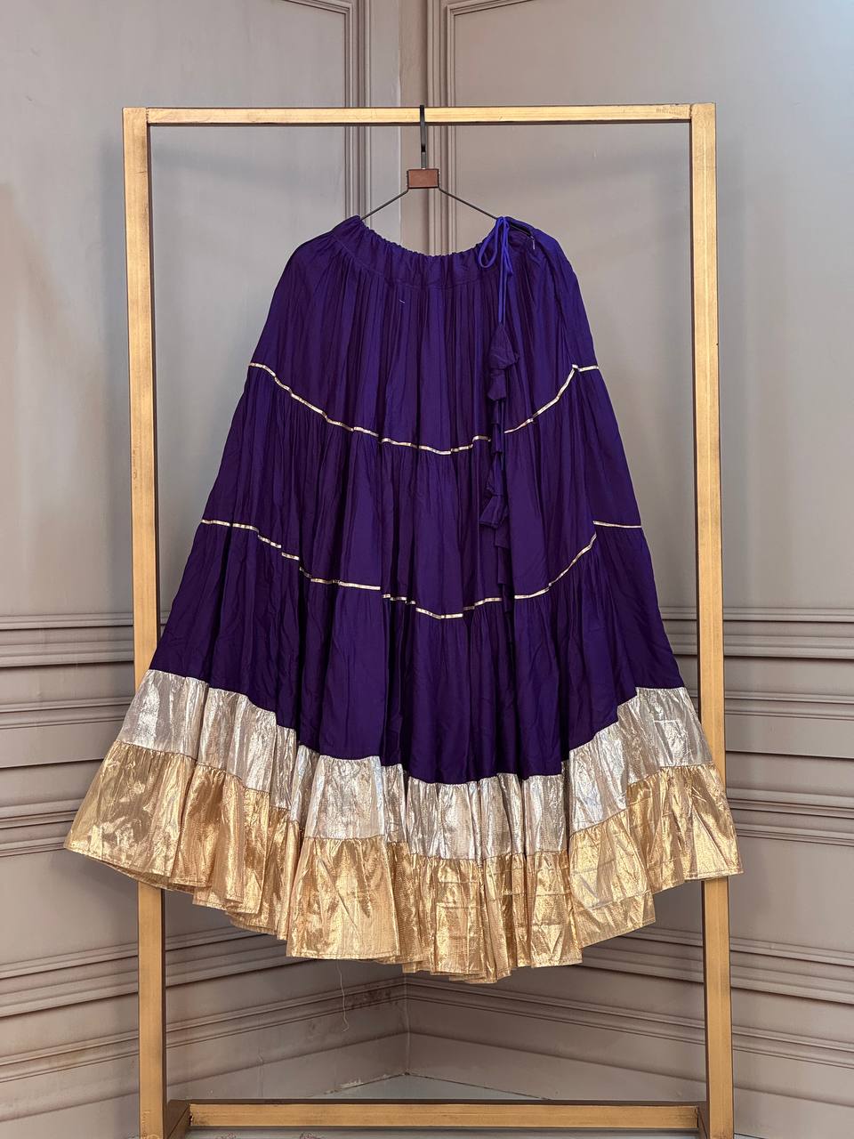 Royal Violet Purple Heavy Rayon Tiered Navratri Lehenga Skirt with Metallic Lampi Lace Frill Border