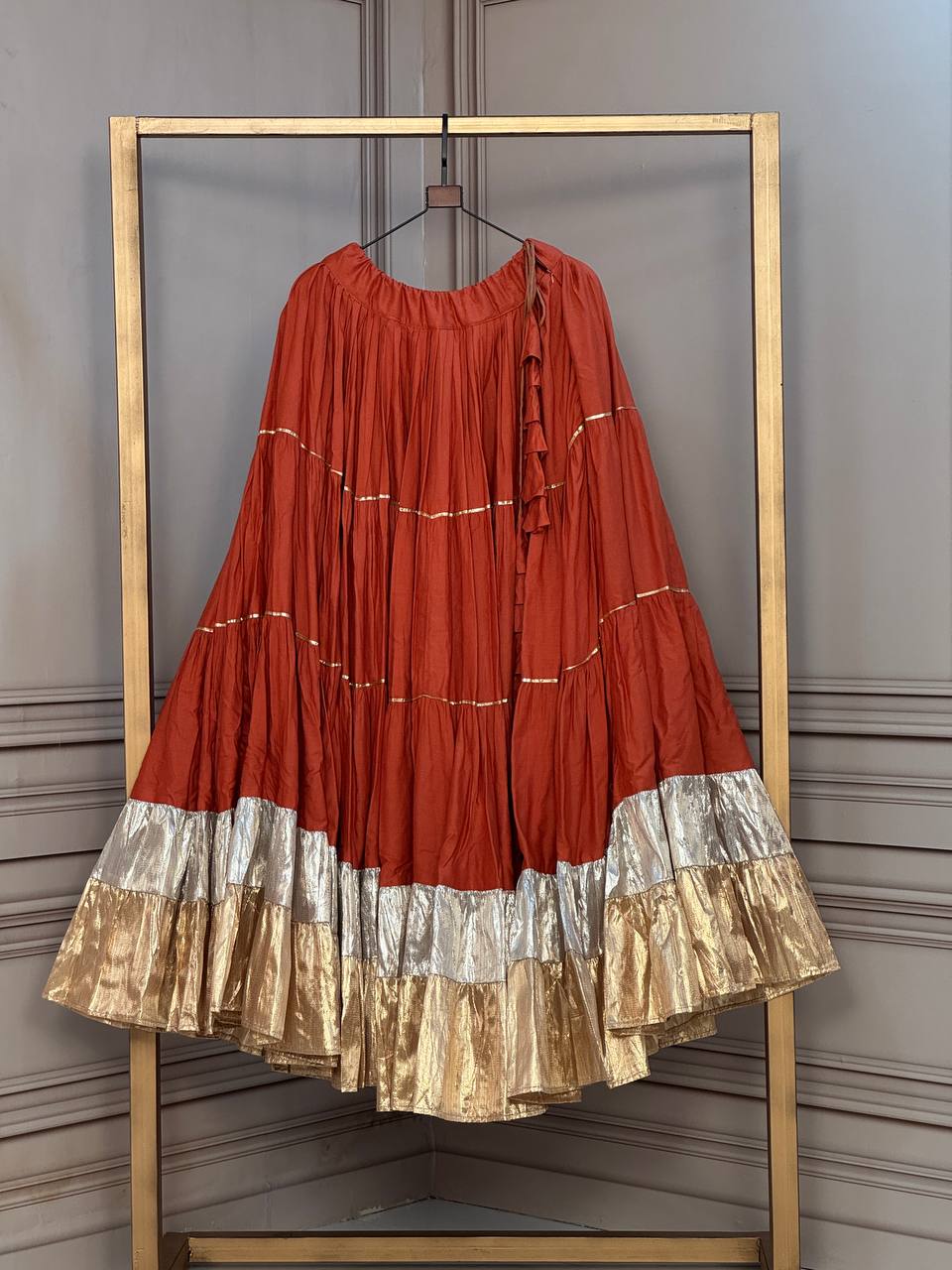 Rust Orange Heavy Rayon Tiered Navratri Lehenga Skirt with Metallic Lampi Lace Frill Border