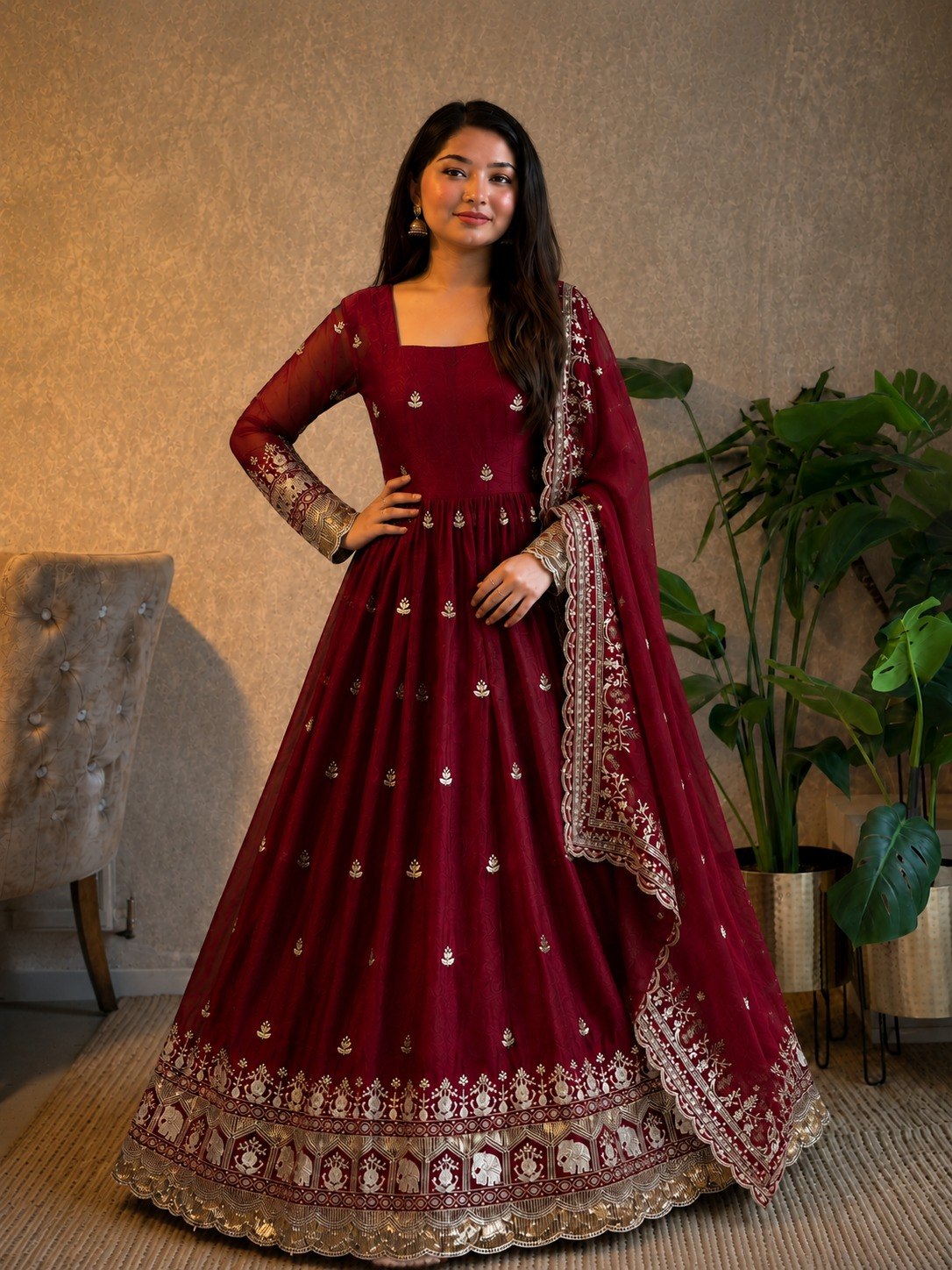 Maroon Wine Premium Fandy Satin Flared Anarkali Gown with Zari, Sequins & Elephant Motif Embroidery, Full Sleeves & Scalloped Dupatta Set