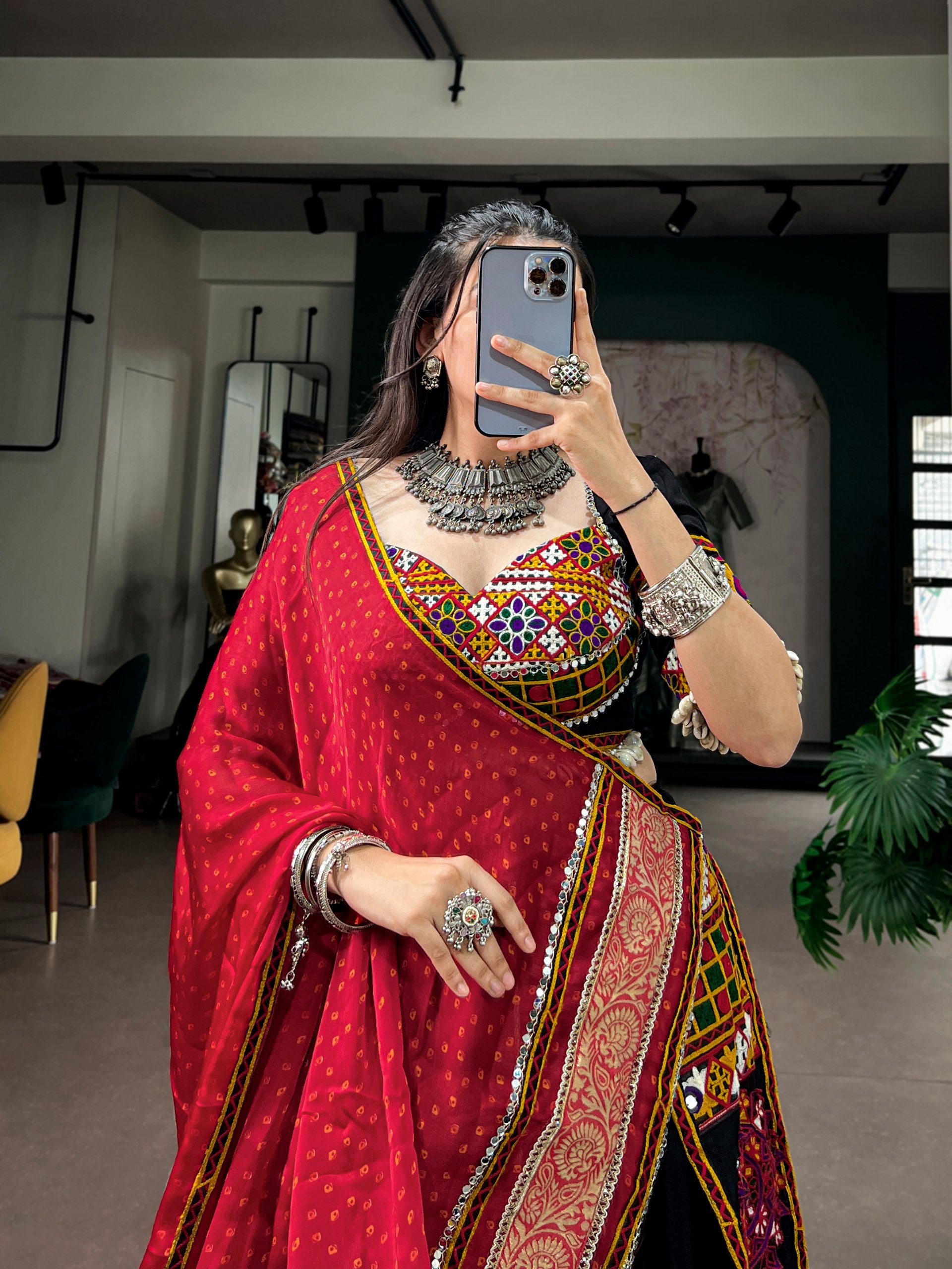 Navratri Jet Black Pure Rayon Flared Lehenga Choli Set with Kutchi Gamthi Patchwork, Jacquard Border & Red Bandhani Dupatta