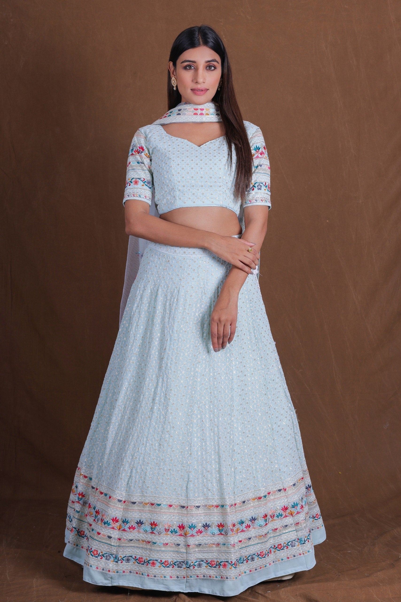 Powder Sky Blue Georgette Flared Lehenga Choli Set with Multi-Color Resham Thread & Sequins Embroidery, Floral Border, Sweetheart Blouse & Matching Dupatta