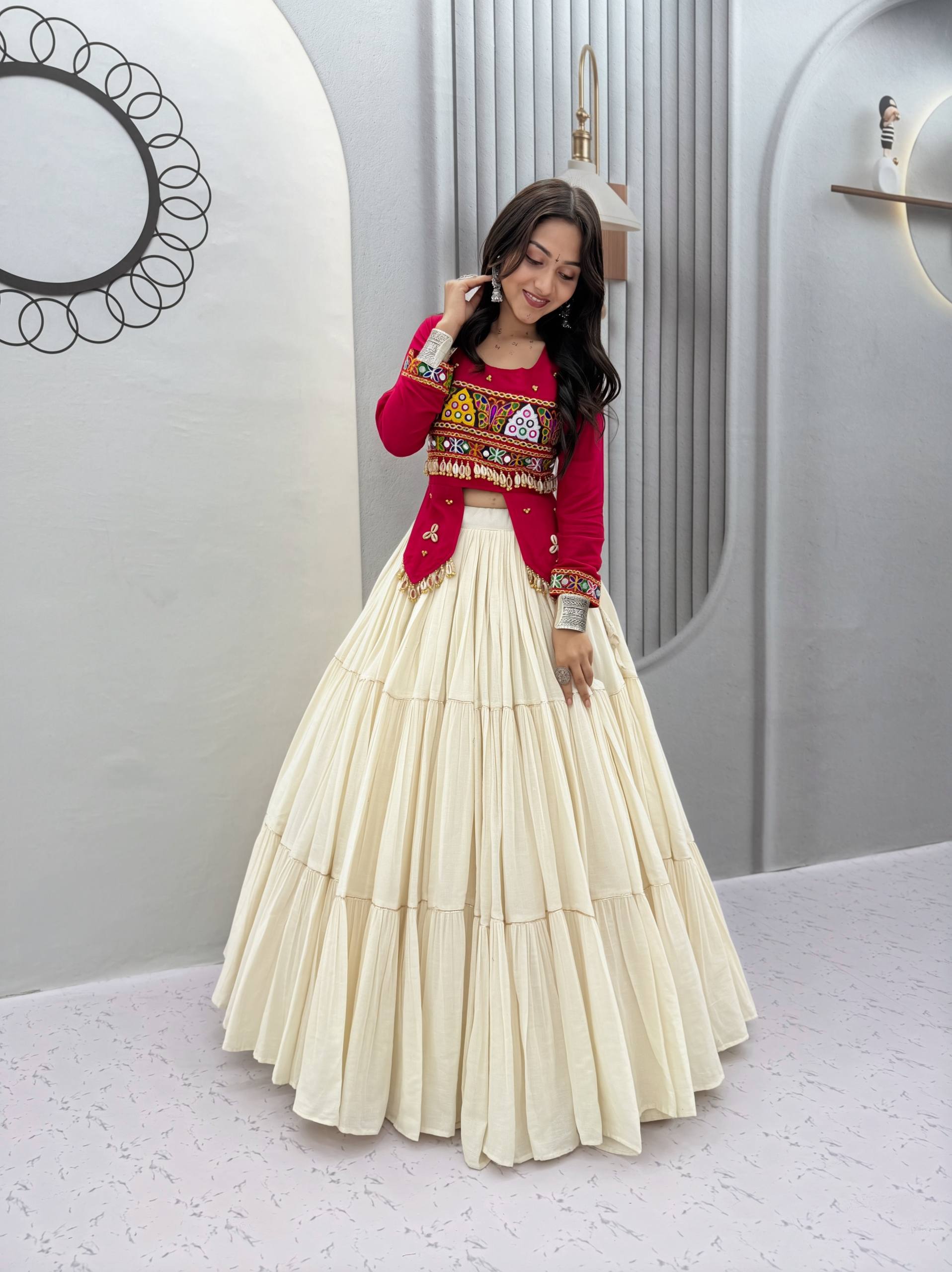 Navratri Off-White Multi-Tiered Flared Lehenga with Rani Pink Kediya Jacket Blouse, Real Kodi & Kutchi Gamthi Hand Work