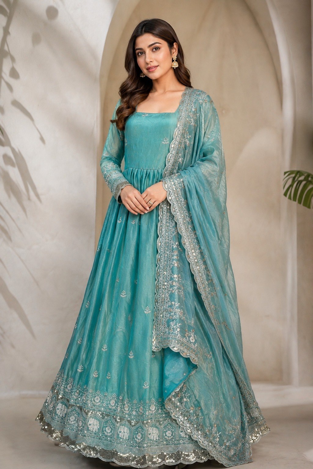Teal Sea Green Premium Fandy Satin Flared Anarkali Gown with Zari, Sequins & Elephant Motif Embroidery, Full Sleeves & Scalloped Dupatta Set