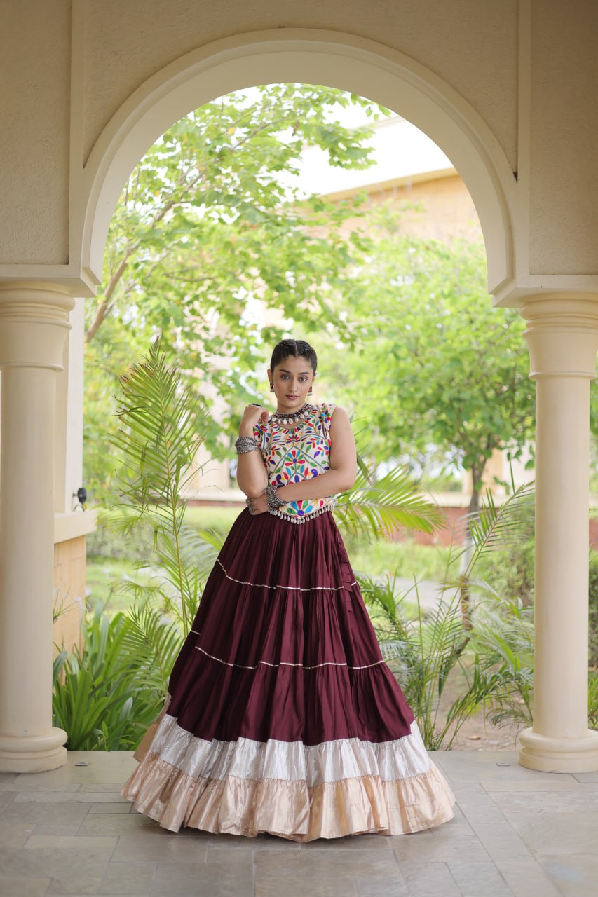 Deep Wine Heavy Rayon Multi-Embroidered Choli with Lampi Lace Frill Tiered Navratri Lehenga Choli Set