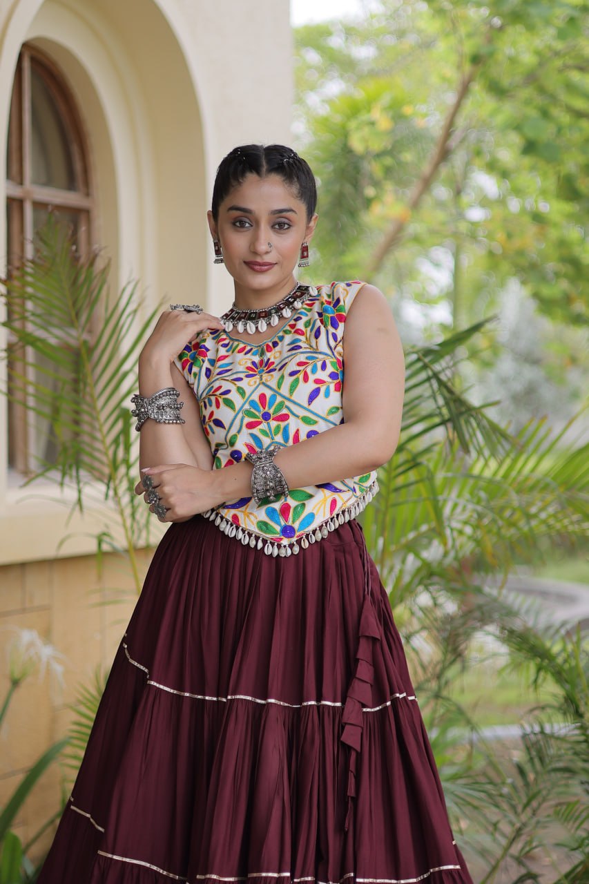 Deep Wine Heavy Rayon Multi-Embroidered Choli with Lampi Lace Frill Tiered Navratri Lehenga Choli Set