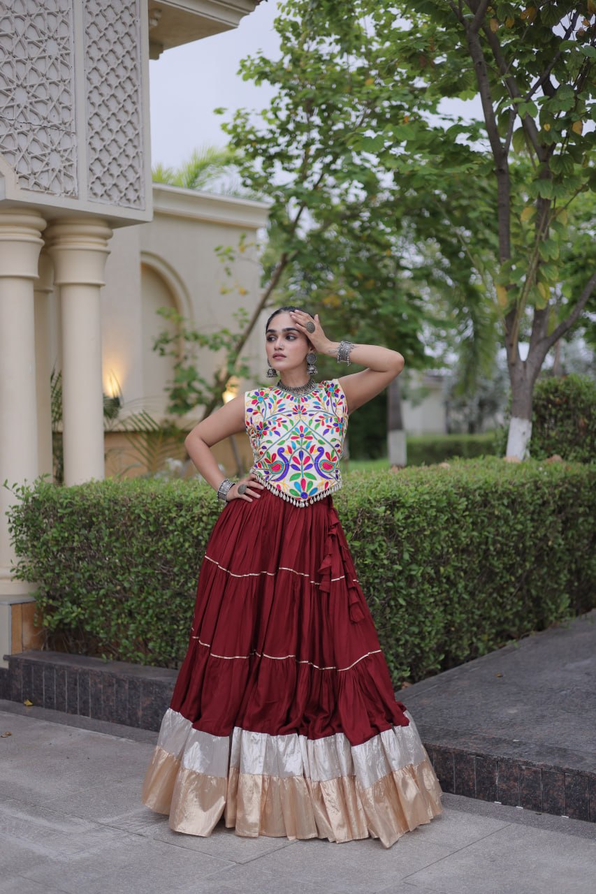 Maroon Red Heavy Rayon Multi-Embroidered Choli with Lampi Lace Frill Tiered Navratri Lehenga Choli Set