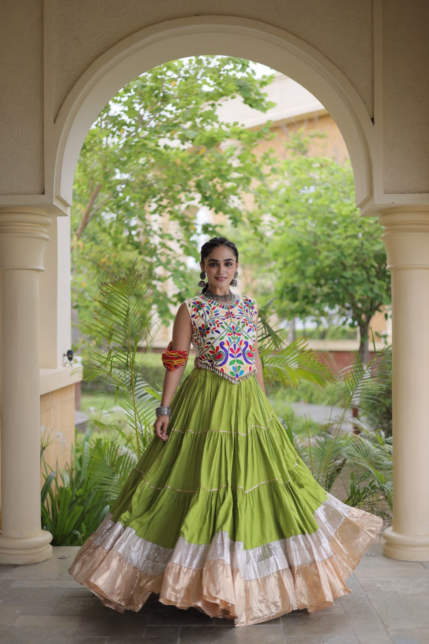 Lime Green Heavy Rayon Multi-Embroidered Choli with Lampi Lace Frill Tiered Navratri Lehenga Choli Set