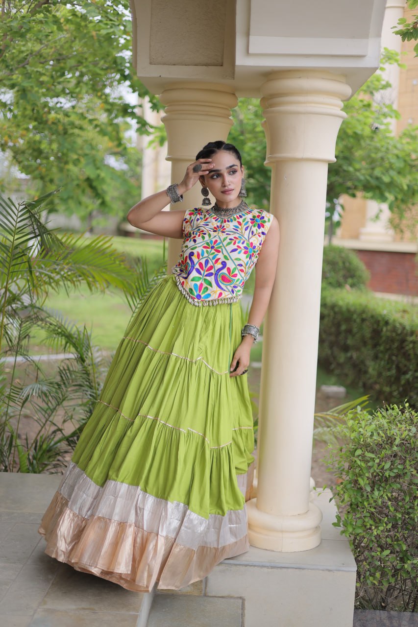 Lime Green Heavy Rayon Multi-Embroidered Choli with Lampi Lace Frill Tiered Navratri Lehenga Choli Set