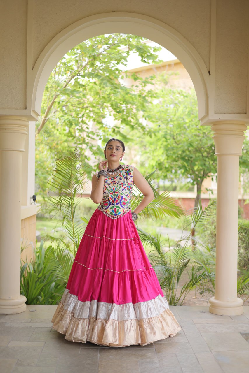 Rani Pink Heavy Rayon Multi-Embroidered Choli with Lampi Lace Frill Tiered Navratri Lehenga Choli Set