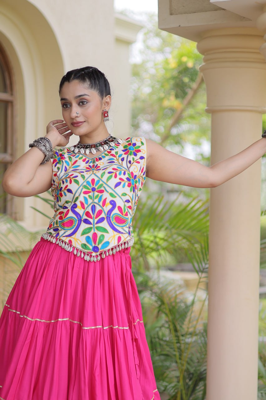 Rani Pink Heavy Rayon Multi-Embroidered Choli with Lampi Lace Frill Tiered Navratri Lehenga Choli Set