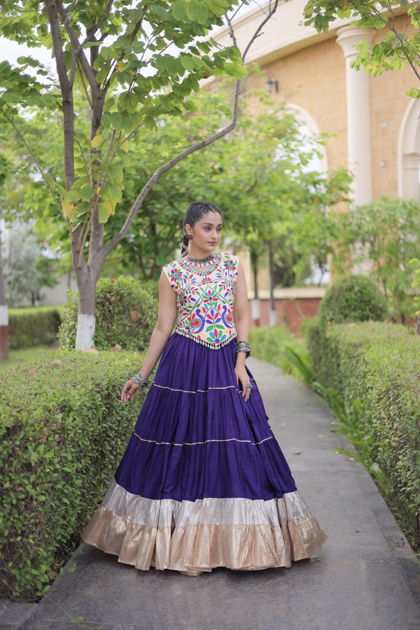 Royal Violet Purple Heavy Rayon Multi-Embroidered Choli with Lampi Lace Frill Tiered Navratri Lehenga Choli Set