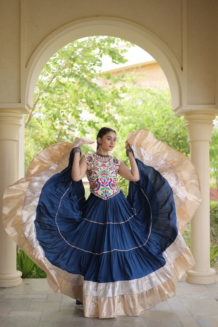 Navy Blue Heavy Rayon Multi-Embroidered Choli with Lampi Lace Frill Tiered Navratri Lehenga Choli Set