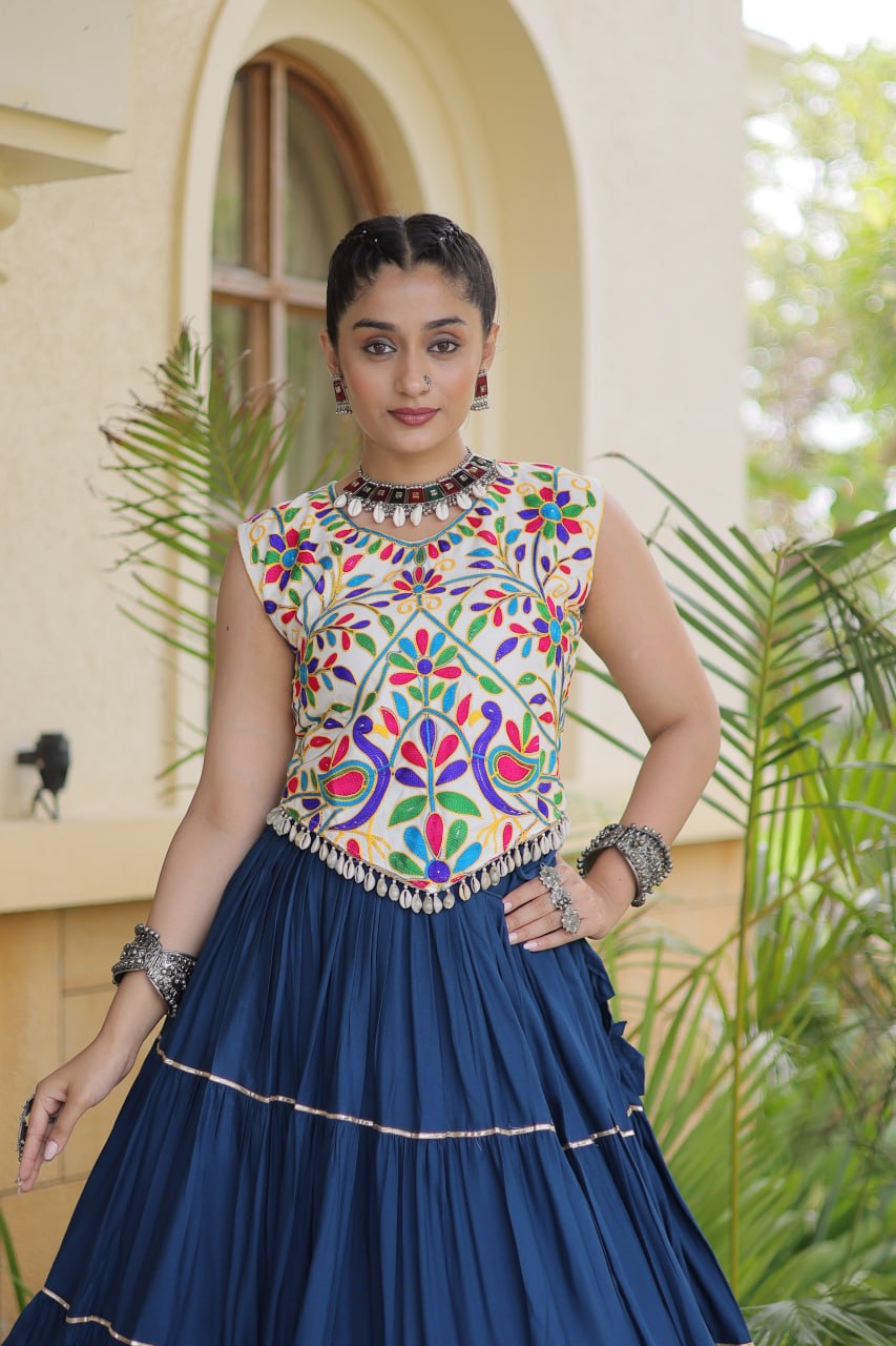 Navy Blue Heavy Rayon Multi-Embroidered Choli with Lampi Lace Frill Tiered Navratri Lehenga Choli Set