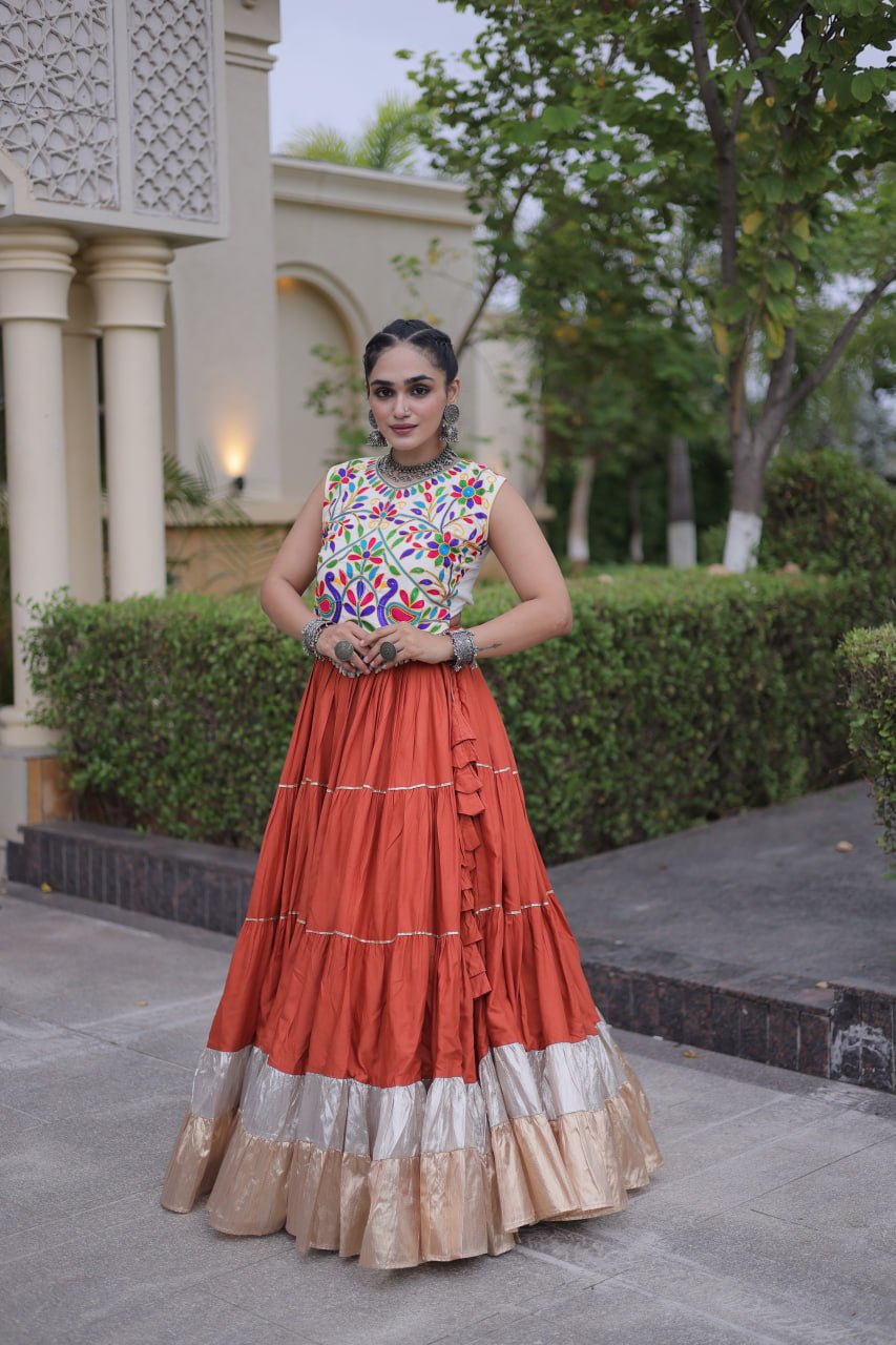 Rust Orange Heavy Rayon Multi-Embroidered Choli with Lampi Lace Frill Tiered Navratri Lehenga Choli Set