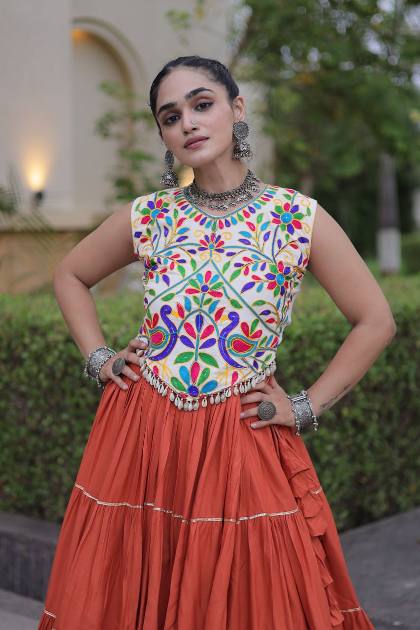 Rust Orange Heavy Rayon Multi-Embroidered Choli with Lampi Lace Frill Tiered Navratri Lehenga Choli Set