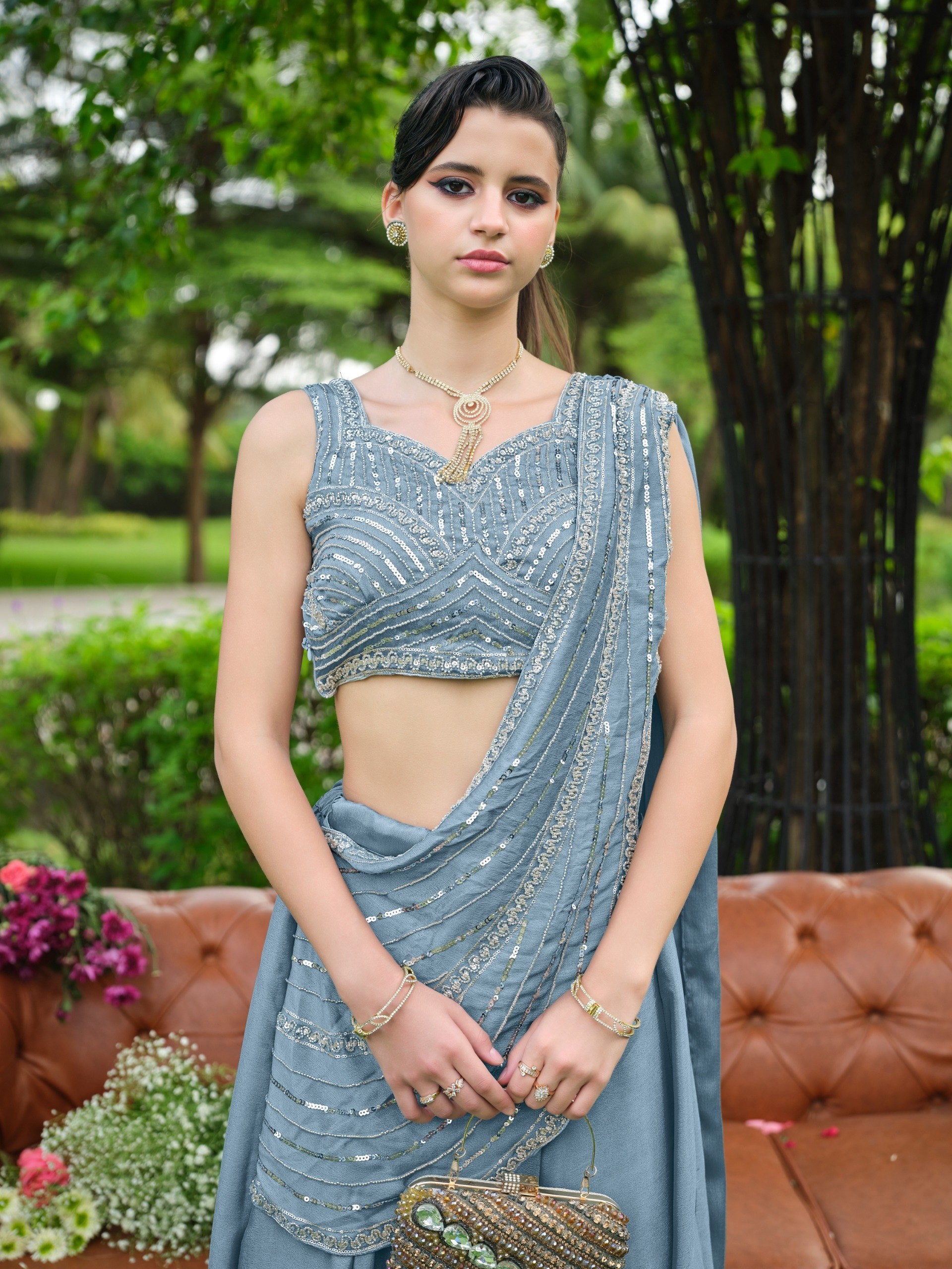 Sky Blue Powder Pastel Premium Chinon Silk Flared Plain Lehenga Set with Heavy Cutdana & Sequins Work Sleeveless Blouse and Pre-Draped Saree-Style Pallu