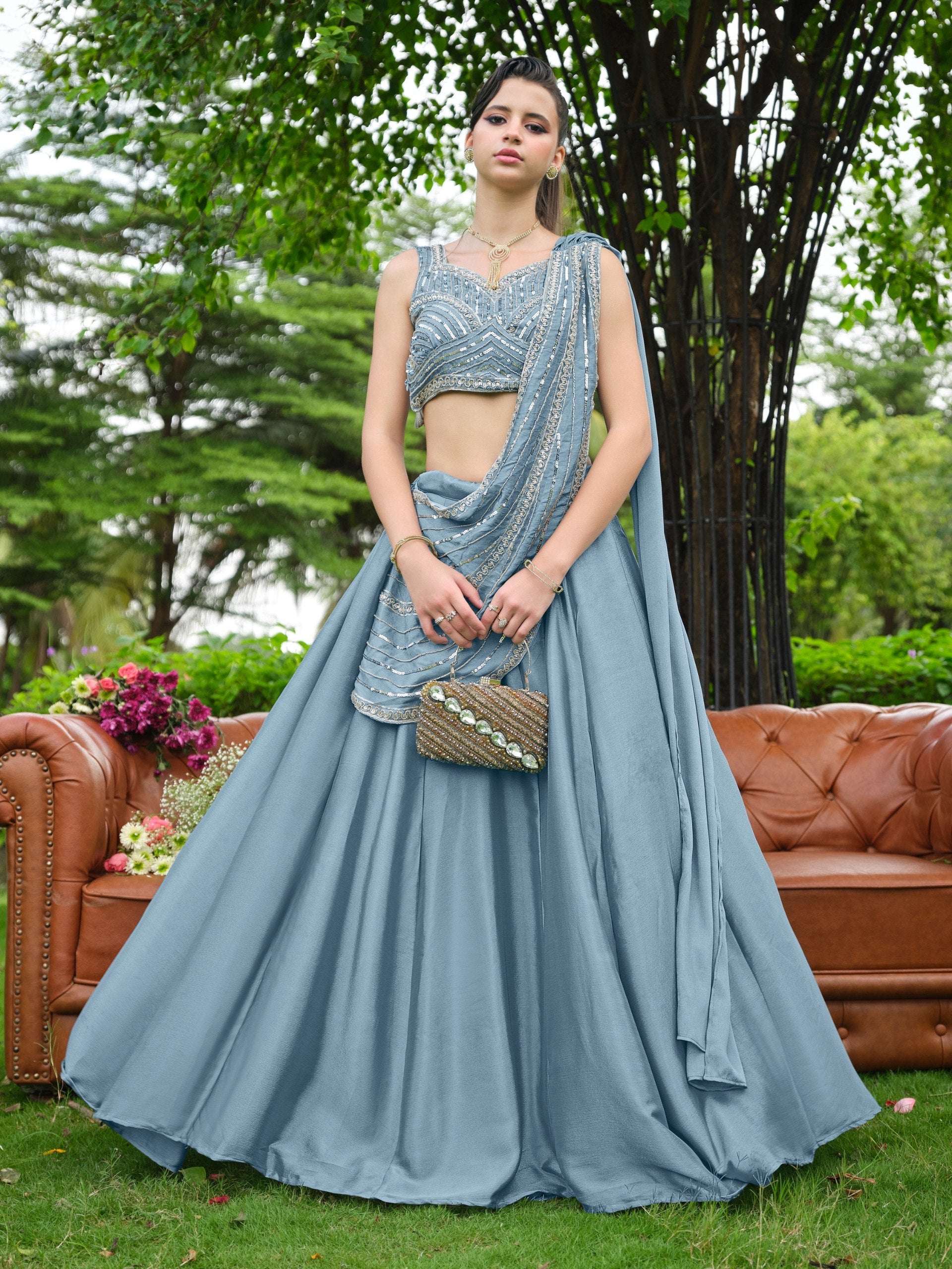 Sky Blue Powder Pastel Premium Chinon Silk Flared Plain Lehenga Set with Heavy Cutdana & Sequins Work Sleeveless Blouse and Pre-Draped Saree-Style Pallu