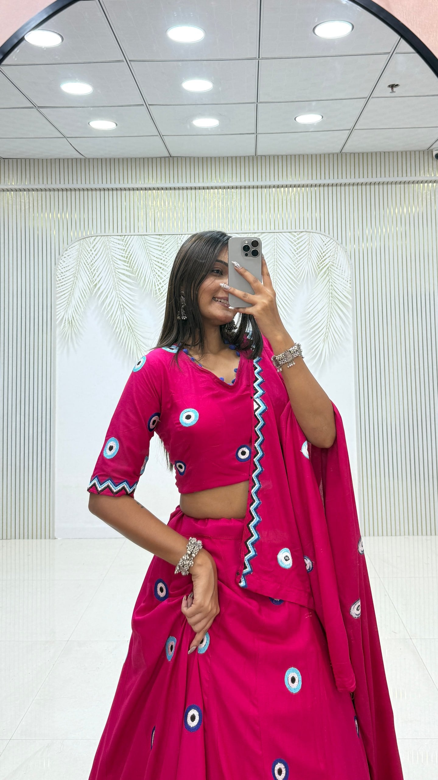 Rani Pink Pure Cotton Evil Eye Embroidery Heavy Thread Work Lehenga Choli Set
