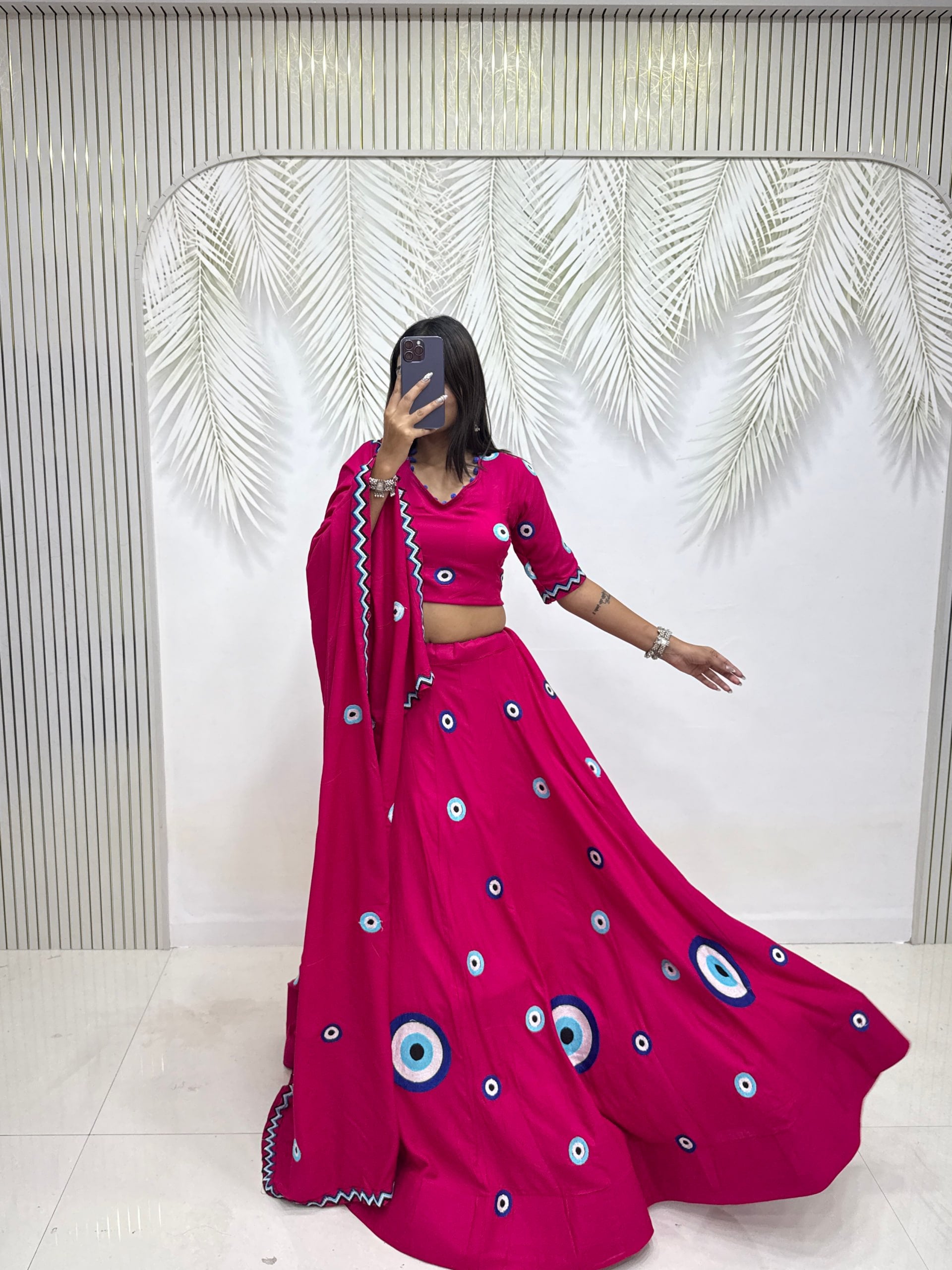 Rani Pink Pure Cotton Evil Eye Embroidery Heavy Thread Work Lehenga Choli Set