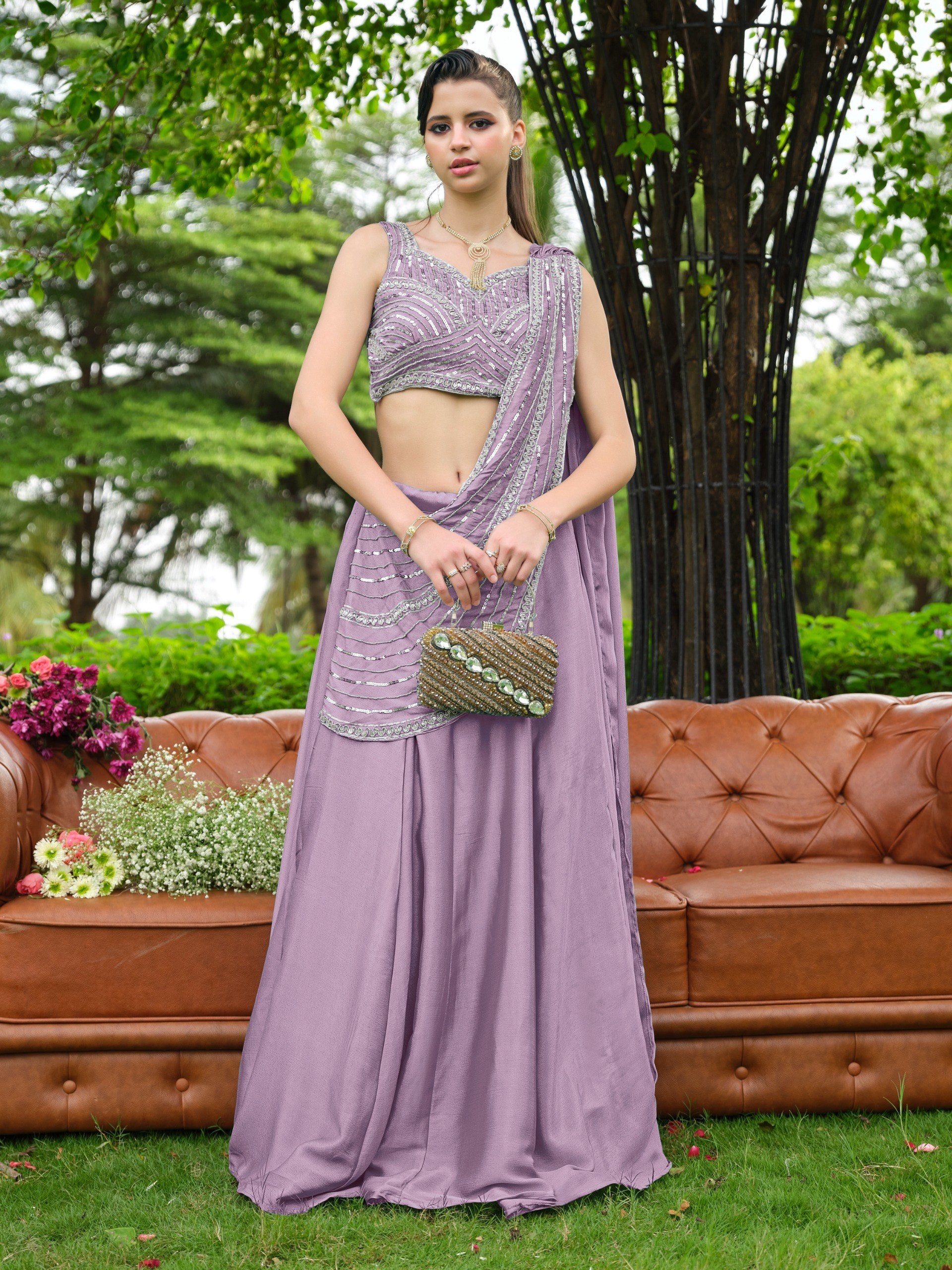 Lavender Mauve Premium Chinon Silk Flared Plain Lehenga Set with Heavy Cutdana & Sequins Work Sleeveless Blouse and Pre-Draped Saree-Style Pallu