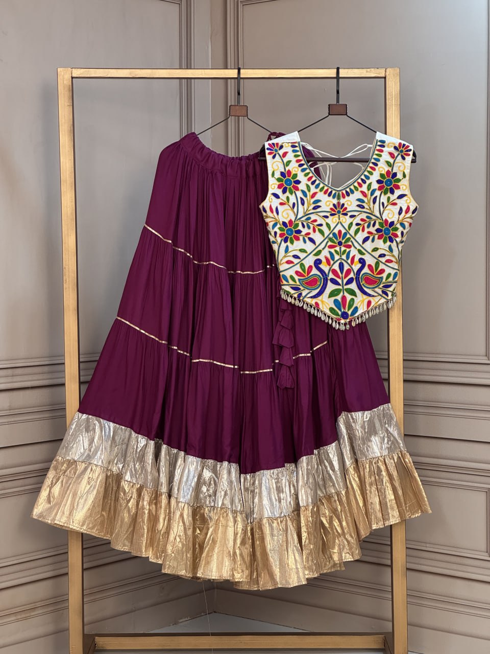 Navratri Purple Rayon Tiered Flared Lehenga Choli Set with 2 Ton Lampi Lace & Embroidered Blouse