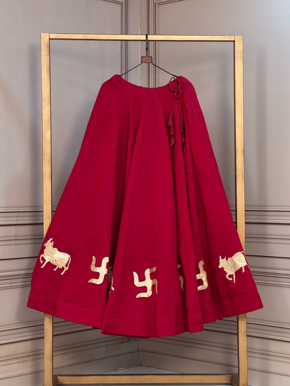 Navratri Maroon Red Roman Silk Flared Lehenga with Holy Cow (Gau Mata) & Swastik Gota Lace Work