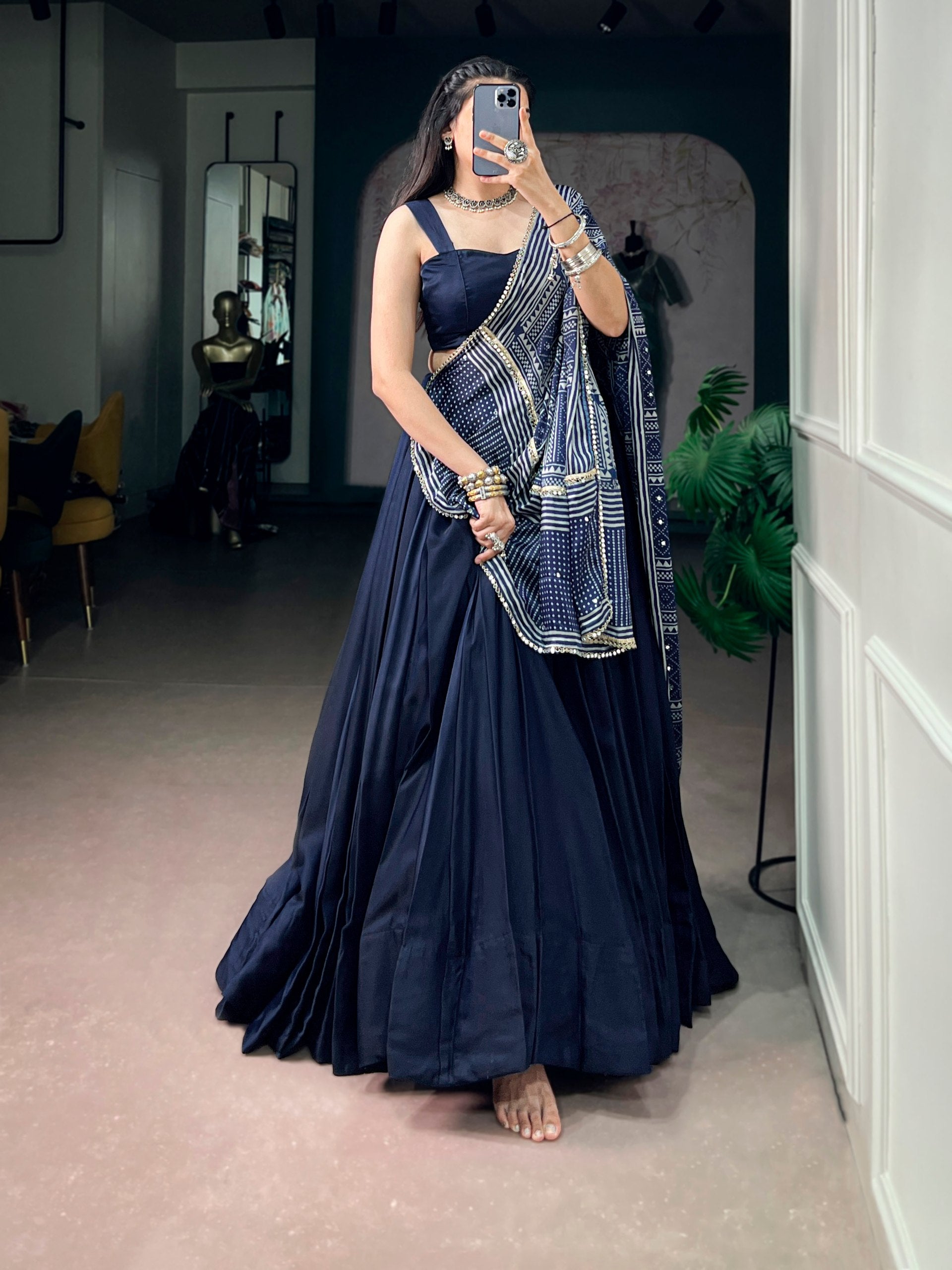 Navy Blue Moonga Silk Flared Lehenga Choli Set with Printed Satin Dupatta & Mirror Gota Lace Work