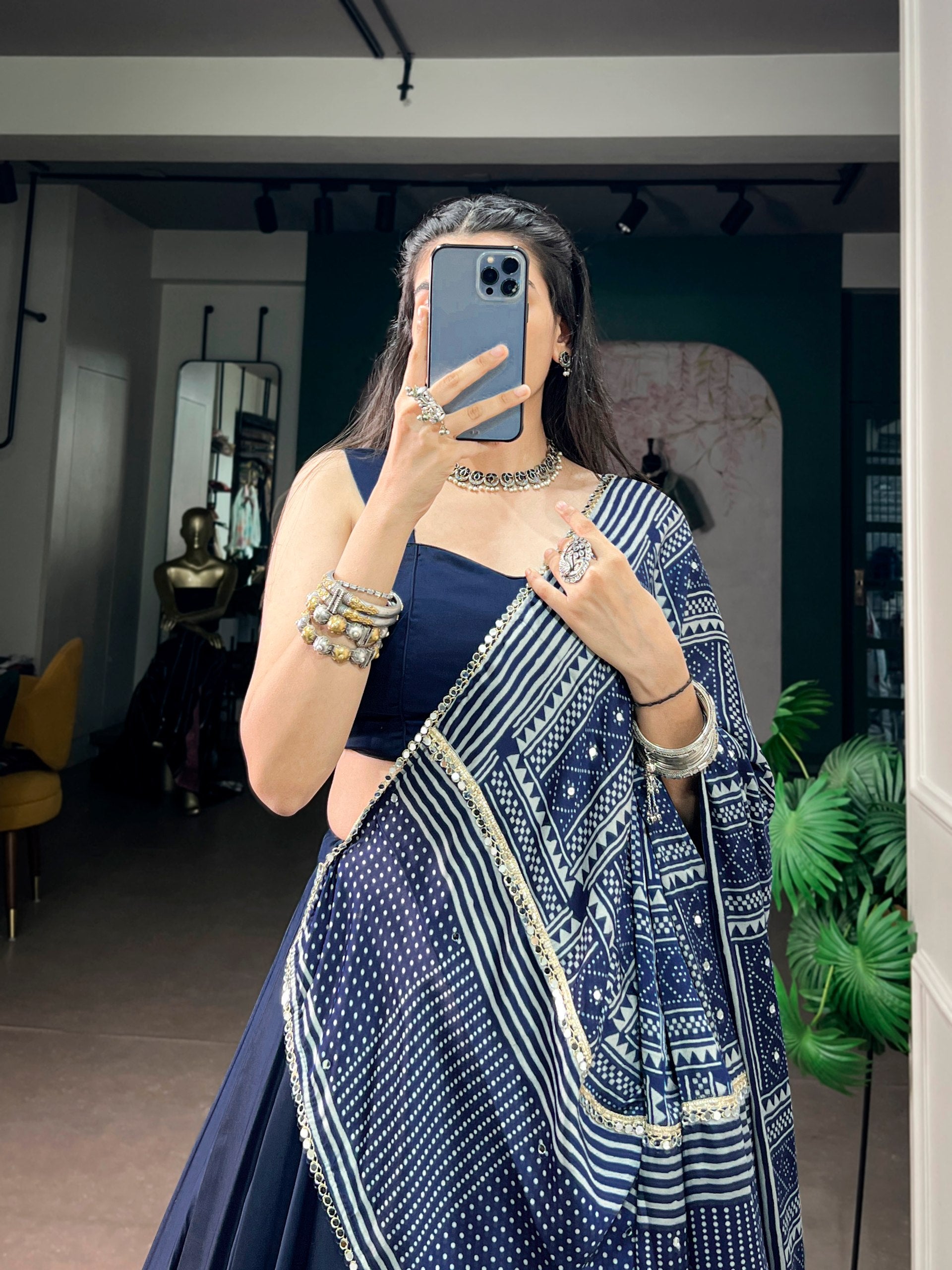 Navy Blue Moonga Silk Flared Lehenga Choli Set with Printed Satin Dupatta & Mirror Gota Lace Work