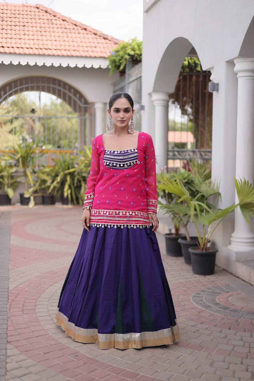 Navratri Purple & Bottle Green 14kg Rayon Kali Flared Lehenga Choli Set with Rani Pink Printed Top & 2 Ton Lampi Lace