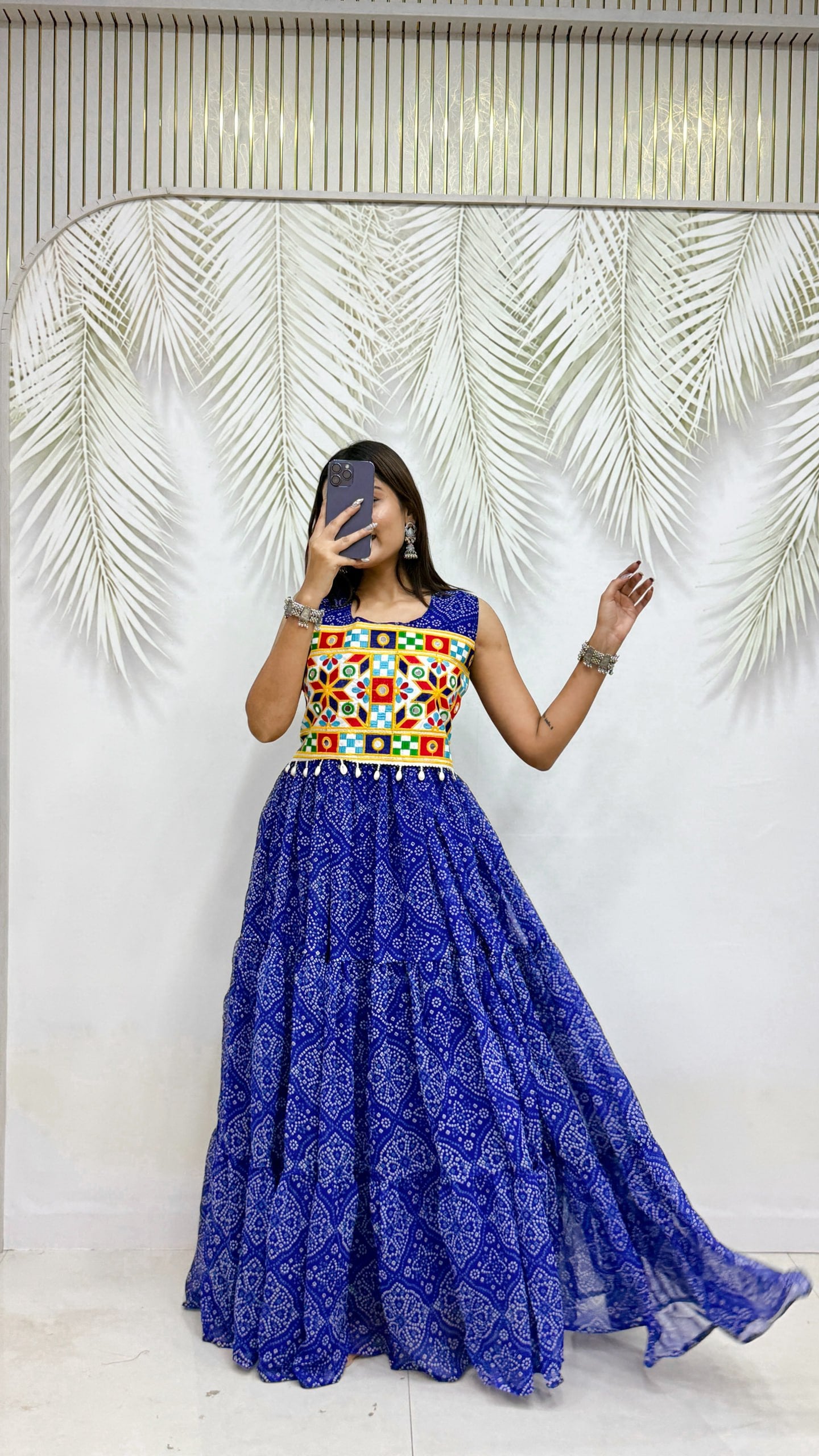 Royal Blue Pure Georgette Bandhej Print Navratri Special Tiered Gown With Gamthi Work