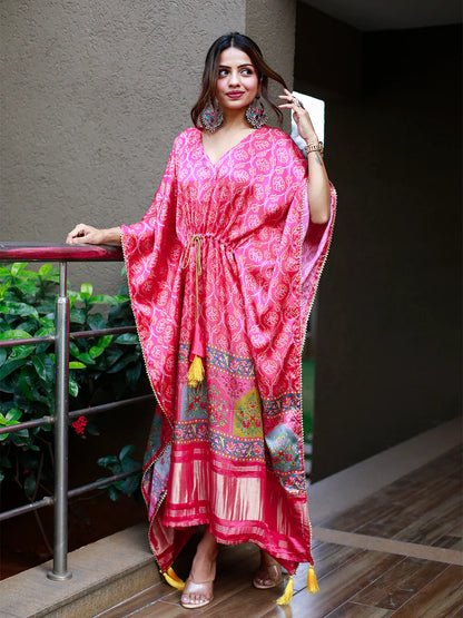 Pink Color Digital Print Pure Gaji Silk Kaftan