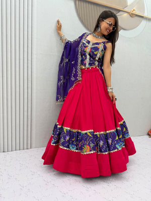 Model Posing Indoors Wearing Pink & Purple Pure Cotton Real Mirror Work Position Print Navratri Lehenga Choli Set By The Beauty Queen