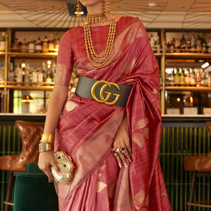 Pink Woven Art Silk Saree With Tassels