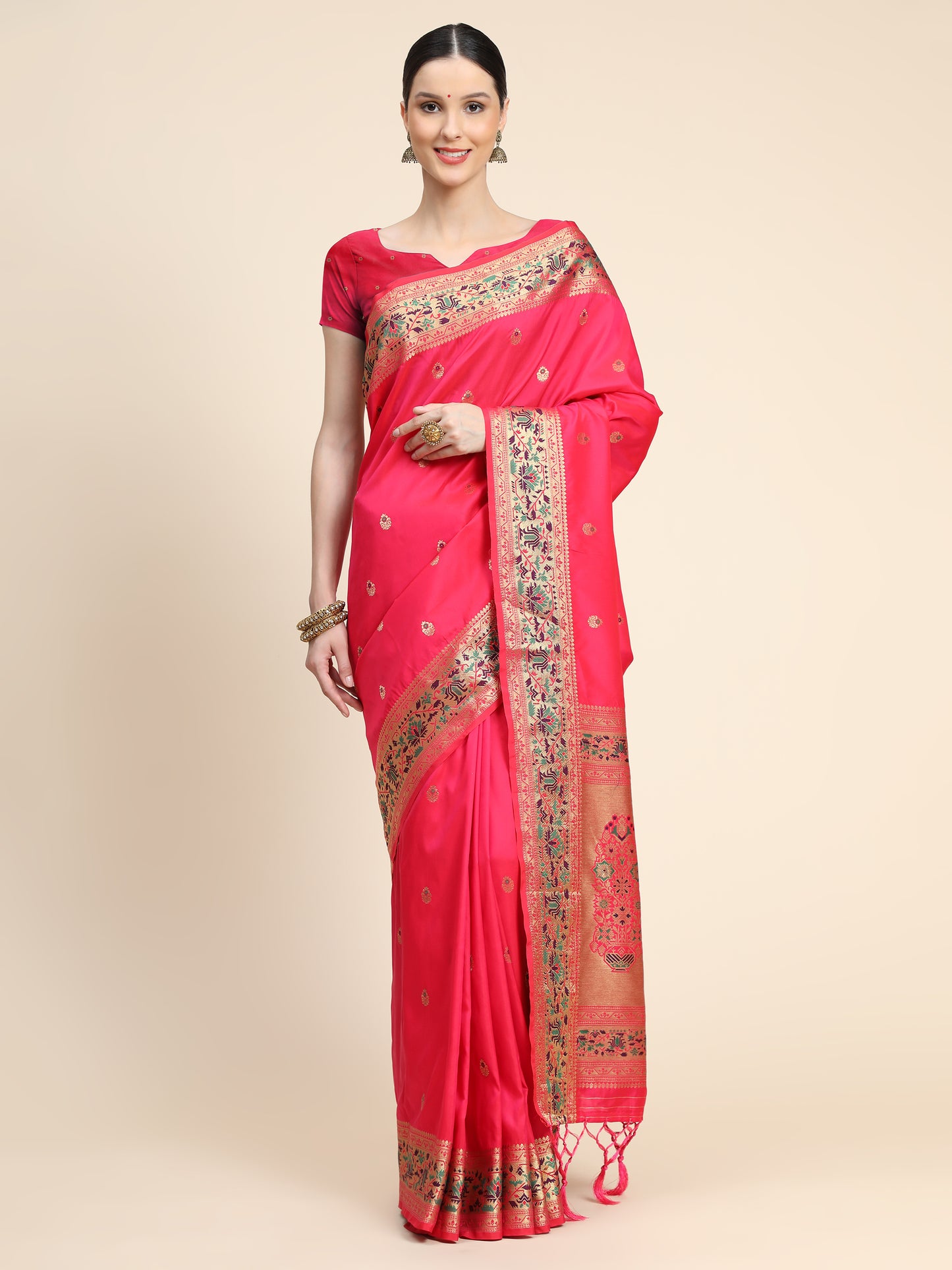 Pink Color Floral Woven Design Zari Paithani Saree