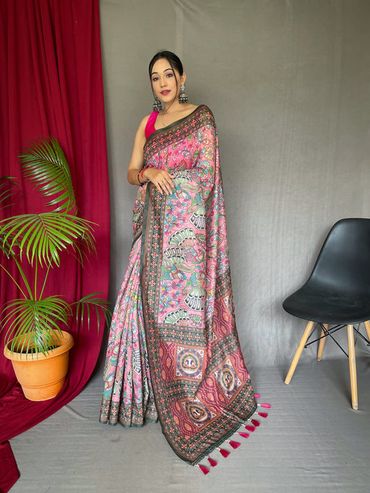 Pink Green Cotton Bandhani Kalamkari Printed Saree