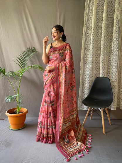 PINK KALAMKARI PRINTED COTTON SILK SAREE