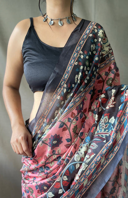 Pink Color Pure Cotton Kalamkari Digital Printed Saree with Tassels