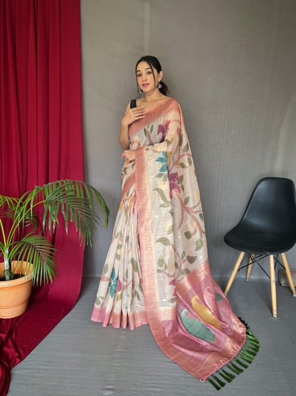 Pink Chanderi Silk With Digital Printed Silk Saree