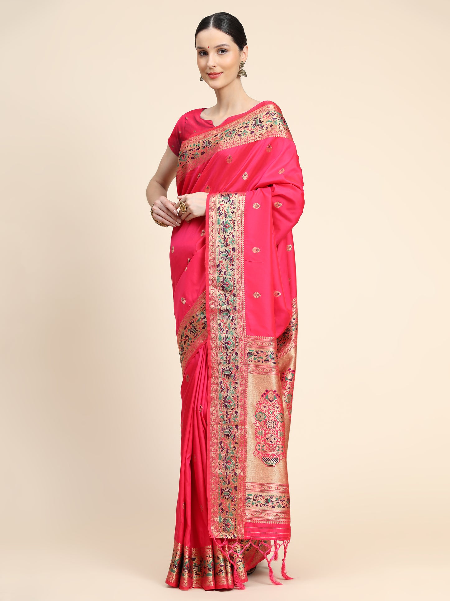 Pink Color Floral Woven Design Zari Paithani Saree