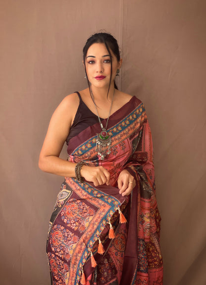 Pink Soft Cotton Kalamkari Prints Saree