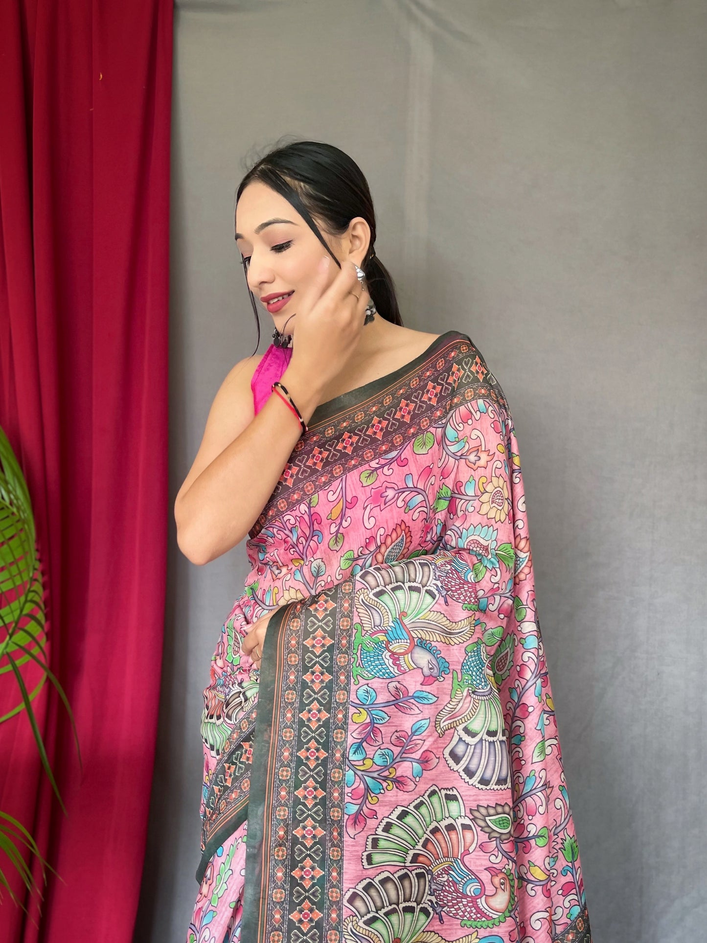 Pink Green Cotton Bandhani Kalamkari Printed Saree