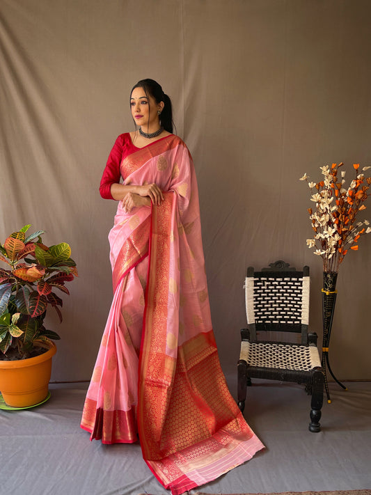 Pink Soft Linen Weaving Sarees With Contrast Weaving Border And Pallu. Paired With Contrast Unstitched Blouse