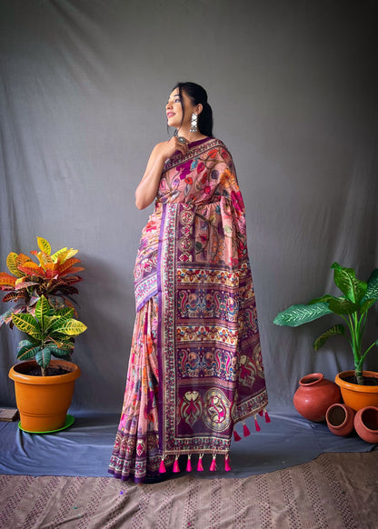 Pink Cotton Kalamkari Digital Printed Beautiful Saree