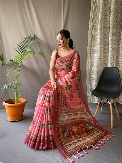 PINK KALAMKARI PRINTED COTTON SILK SAREE