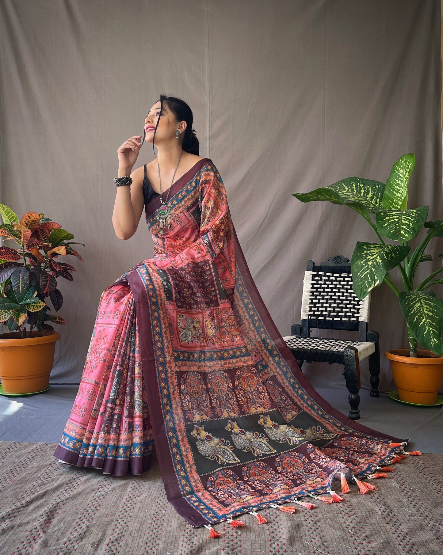 Pink Soft Cotton Kalamkari Prints Saree