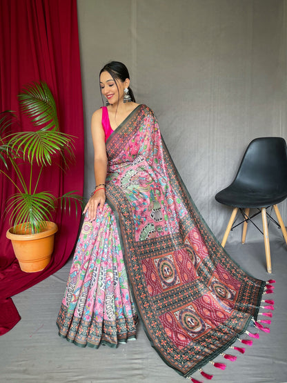 Pink Green Cotton Bandhani Kalamkari Printed Saree